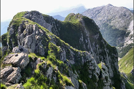 tratto della cresta sommitale con ben evidenti segni di sentiero, foto ripresa dalla vetta, sullo sfondo a dx la Tambura ed al centro le Panie