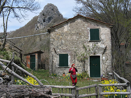 una casa di Colle a Panestra con belle fioriture di narcisi, sullo sfondo il Nome del Gesù