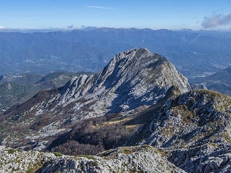 dal Callare della Pania, a sx la Pania Secca al centro della foto il Rifugio. In primo piano il mento e dietro il Naso. In basso a sx l’altipiano della Vetrìcia.